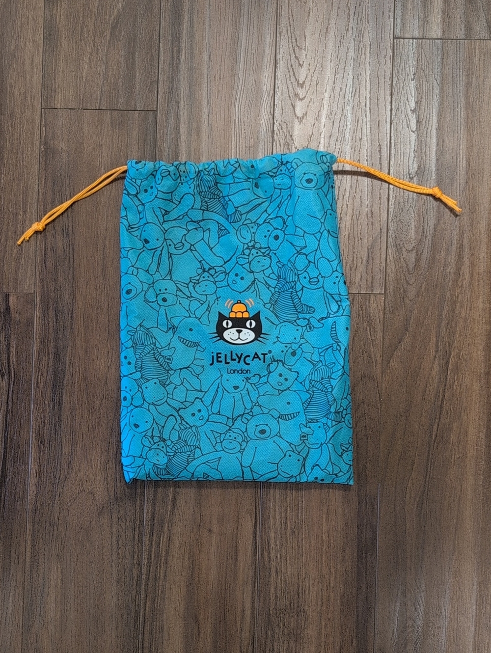 Jellycat Teal Toy Print Drawstring Bag with Orange Cord